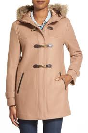 Women faux shearling lamb fur coat fox fur hooded winter jacket warm outwear new. Cole Haan Faux Fur Trim Wool Blend Duffle Coat In Camel Natural Lyst