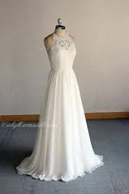 Flowy Ivory Vintage Chiffon Lace Wedding Dress Halter Wedding Dress Open Back A Line Bohomian Wedding Dress With Chapel Train Lace Wedding Dress Vintage Ball Gowns Wedding Halter Wedding Dress