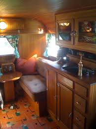 Interior Of A 1937 Covered Wagon I Am Soooo Enamored Of That Original Asphalt Linoleum Vintage Trailer Interior Vintage Trailers Restoration Vintage Trailer