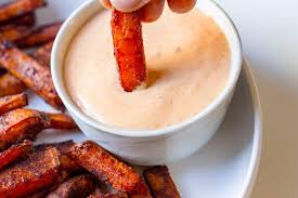 Perfectly crispy baked sweet potato fries made with an easy chipotle dipping sauce is a winning side dish to go alongside your burgers, roast chicken, salmon, etc. Sweet Potato Fries With Sweet Chili Mayo On Ty S Plate