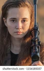 Military Girl Soldier Hunter Close-up Girl Stock Photo 1156185037