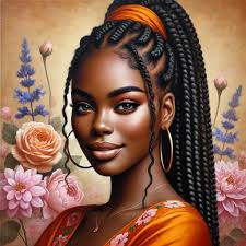 In this peaceful picture, a woman stands with her eyes closed, showing calm  and strength. Her dark skin is crowned with bright flowers in orange,  white, and soft brown, symbolizing overcoming challenges