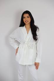 Althea White Striped Belted Longline Oversized Blazer