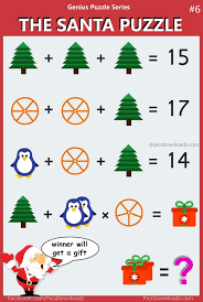 Here are some fun yet complicated riddles for adults wanting to challenge themselves and really use the depths of their brains to figure out the answer(s). The Santa Puzzle Find The Value Of Gifts Math Puzzle With Solution Maths Puzzles Santa Math Math Riddles