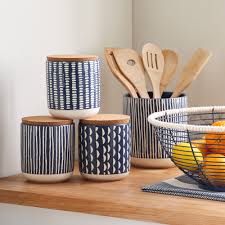 Black And White Striped Kitchen Canisters Coastal Stripes Navy Blue Kitchen Canister In 2020 Navy Blue Kitchen Blue Kitchen Canisters Blue Kitchen Utensils