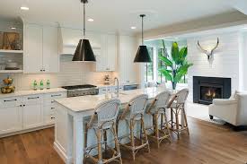 Black Cone Light Pendants With White Center Island Transitional Kitchen
