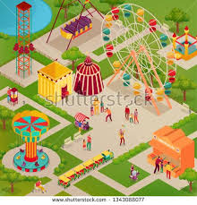 Stock Vector Amusement Park With Circus And Various Attractions Street Food Adults And Kids Isometric Vector Illu Amusement Park Amusement Logo Design Process