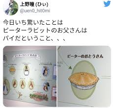 ピーターラビットの家系図には、お父さんの見た目がパイになっています。 死因の理由として… マグレガーの畑を荒らしてしまったのこと。 なので、パイにして、食べられたということです。 名前については… ãƒã‚«ã‚¿ãƒ¬ãªæ—¥ãƒ¾ Ê– ãƒŽ ã‚ã•ã¿ ä¸­æ´² ã‚¹ãƒŠãƒƒã‚¯ ã‚­ãƒ£ãƒ©ã‚¦ã‚§ã‚¤ ãƒã‚±ãƒ'ãƒ©