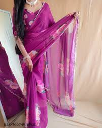 Purple Party Wear And Pearl Lace Border Georgette Saree
