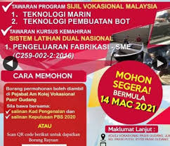 Permohonan kolej vokasional (kv) dan sekolah menengah teknik (smt) 2021 online. Kolej Vokasional Pasir Gudang Iklan Permohonan Kemasukan Ke Kolej Vokasional Pasir Gudang Tahun 2021 Kursus Yang Ditawarkan Aliran Sijil Vokasional Malaysia Svm 1 Teknologi Marin 2 Teknologi Pembuatan Bot Aliran Sijil Kemahiran