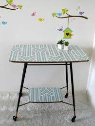 vintage tv table wood and metal top pattern side table style scandinavian green black compass feet and wheels side table styling vintage table table style