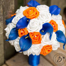 Complementary To The Bride White Royal Blue And Orange Roses Royal Blue Calla Lilies Blue Wedding Bouquet Orange Bridal Bouquet Calla Lily Bouquet Wedding