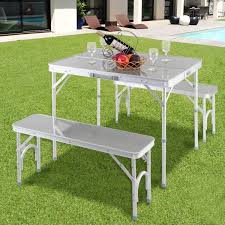 Amazon Com Giantex Aluminum Folding Camping Table Outdoor Portable Picnic Suitcase Table Set W Bench 4 Folding Picnic Table Camping Table Metal Dining Table