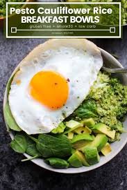 Pesto Cauliflower Rice Breakfast Bowls Recipe Breakfast Bowls Food Recipes Paleo Recipes