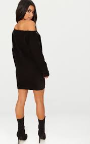 Black Off The Shoulder Knitted Jumper Dress In 2020 Knitted Jumper Dress Off Shoulder Fashion Dresses