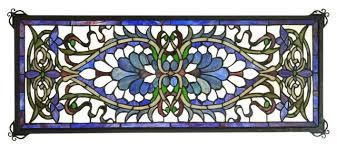 Stained glass transom window, victorian looking, cobalt blue, glass bevels, handmade, hanging panel. 29 Wx11 H Antoinette Transom Stained Glass Window Victorian Stained Glass Panels By Hansen Wholesale 78104 Houzz