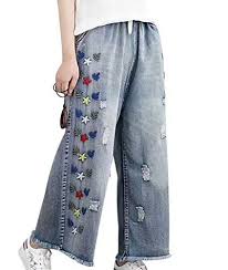 Yesno Pw2 Women Casual Cropped Pants Loose Floral Jeans