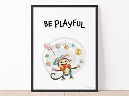 Be Playful Digital Wall Art for Kid, Printable Monkey Illustrations,  Colorful Juggling Inspirational Circus for Child Instant Download
