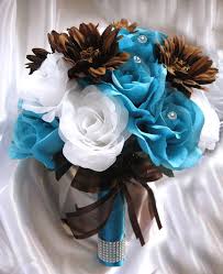 Wedding Bouquet Bridal Decoration Silk Flower Turquoise Brown Daisy 17 Pieces Package Free Shipping Decoration Roses And Dreams Bridal Decorations Handmade Wedding Bouquet Silk Flowers Wedding