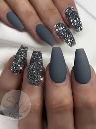 Black And Grey Nails Coffin So Cute Dark Gray Nails Acrylic Coffin Shaped With Glitter Matte Nails Glitter Coffin Shape Nails Homecoming Nails
