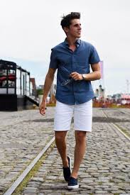 Blue Shirt And White Shorts For Men Mens Summer Outfits Short Men Fashion Mens Fashion Casual Summer