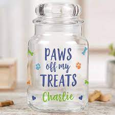 Bone dry lattice collection pet bowl & canister. Playful Puppy Personalized Dog Treat Jar