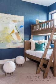 A mad mix of furniture styles and eras. Wooden Slat Bunk Bed On Blue Grasscloth Wall Transitional Boy S Room