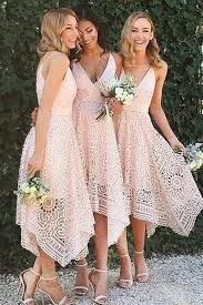 A Line V Neck Asymmetrical Pearl Pink Lace Bridesmaid Homecoming Dress Wisebridal Com Bridesmaid Lace Bridesmaids Bridesmaid Dresses