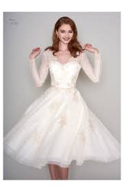 Rita Tea Length Vintage Inspired Short Gold Wedding Dress With Sleeves Stylish Wedding Dresses Long Sleeve Wedding Dress Lace Short Wedding Dress