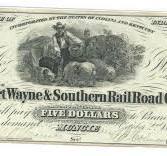 インディアナ州フォート ウェイン & サザン鉄道会社マンシー 1854 $5 発行レア CU#4489Indiana Fort Wayne &  Southern Railroad Co Muncie 1854 $5 Published Rare CU#4489