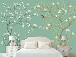 Wallpaper With Birds And Flowers For Walls Chinoiserie Brushwork Light Green Background Flowers And Birds Etsy Wall Murals Wall Wallpaper Home Decor