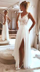 Elegant Chiffon Lace Spaghetti Straps Appliques Beach Wedding Dresses With Split Sw303 Elegant Maxi Dress Maxi Dress Prom Beach Wedding Dress