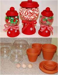 Diy Clay Pot Christmas Candy Jars Xmas Christmas Candy Jars Christmas Crafts Simple Christmas Decor