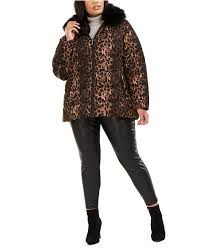 Plus Size Leopard Print Faux Fur Collar Puffer Coat