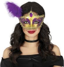 Benátska škraboška zlato-fialová s pierkom