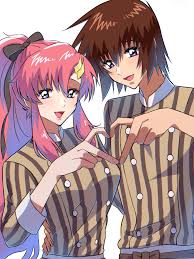 rrrisyf, kira yamato, lacus clyne, gundam, gundam seed, gundam seed freedom,  highres, 1boy, 1girl, blue eyes, bow, brown hair, couple, gundam cafe, hair  bow, hair ornament, hand on anothers waist, heart, heart