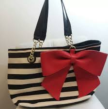 Black And White Striped Purse With Red Bow Betsey Johnson Black White Striped Tote Bag Big Red Bow Striped Tote Bags Bags Bags Designer