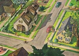 Birds Eye View Of A House Cartoon Birds Eye View Of Suburbia Birds Eye View Suburban Vintage American Art