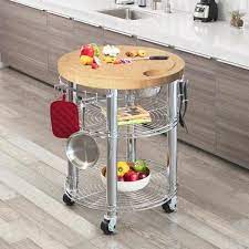 Seville Classics Solid Bamboo Rolling Butcher Block Top Kitchen Island Cart In Silver Chrome With Storage Web524 The Home Depot Kitchen Dining Furniture Kitchen Tops Kitchen Island Cart
