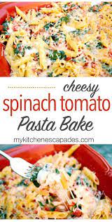 Cheesy Spinach Tomato Pasta Bake Vegetarian Video Recipe Baked Pasta Recipes Recipes Vegetarian Dinners