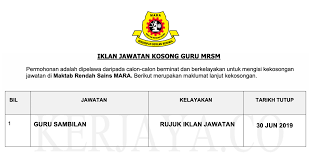 Permohonan kemasukan ke maktab rendah sains mara adalah terbuka kepada pelajar tahun enam (upsr 2020) dan tingkatan tiga (pt3 2020) yang iklan permohonan kemasukan tingkatan satu maktab rendah sains mara (mrsm) 2021. Jawatan Kosong Terkini Guru Mrsm Mara Maktab Rendah Sains Mara Kerja Kosong Kerajaan Swasta