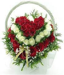 Heart Shape Flower Basket Arranged By 12 White Roses And 24 Red Roses With Baby S Breaths And Gre Flower Decorations Beautiful Rose Flowers Flower Arrangements