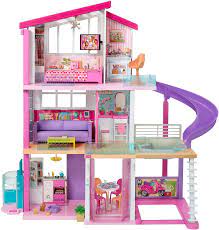 Casa de 3 pisos, 8 habitaciones, juego en cada ángulo, elevador funcional, piscina con tobogán y accesorios. Amazon Com Barbie Casa De Los Suenos Toys Games