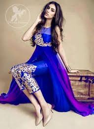 Royal Blue Double Layer Frock Embroidered Capri Pants Pakistani Dresses Indian Outfits Fashion