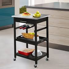 Homcom Pine 3 Tier Multifunction Rolling Kitchen Island Cart With Open Storage Shelves Wine Rack Stainless Steel Top Overstock 31628482