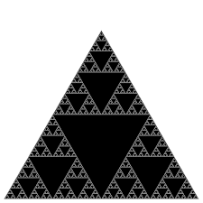 Geometric triangle shapes containing a mountainscape with pine trees. Recursive Graphics Assignment
