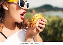 Young Pretty Woman Eat Fast Food Stock Photo 492566005