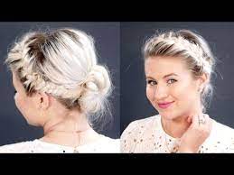 Double French Braids Messy Bun For Short Hair Milabu Braids For Short Hair Short Hair Tutorial Short Hair Updo
