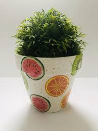 Decoupaged Terracotta Plant Pot Watermelons Orange And Kiwifruit Design Home Gift Ideas In 2020 Plant Pot Design Flower Pot Art Painted Pots Diy