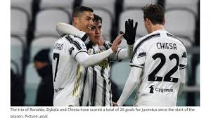 Cristiano ronaldo (c) of juventus fc celebrates after scoring a goal as kevin bonifazi (l) and samir gaetano de souza santos of udinese calcio look dejected during the serie a football match between juventus fc and udinese calcio. 40bynn4zcpjsom